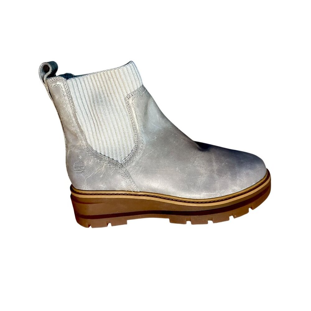 Timberland Women Silver Chelsea Boots 7 Pull-On Leather Upper Chunky Sole, NWOB